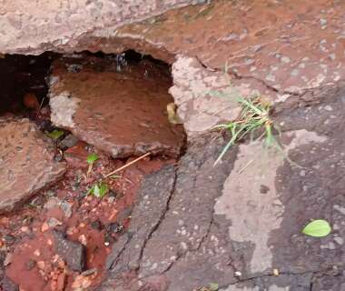 Vazamento causa erosão embaixo de calçada e moradora teme desabamento de muro