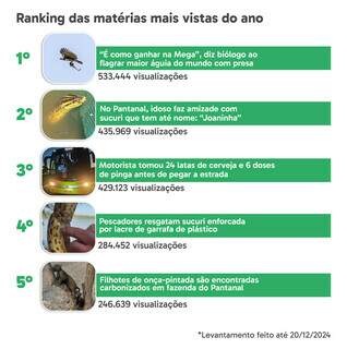 Top 5 das matérias mais acessadas do Campo Grande News em 2024: quatro delas são sobre fauna pantaneira (Foto: Ilustração)