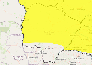 Área em amarelo indica risco de chuva intensa em parte de MS (Arte: Inmet)