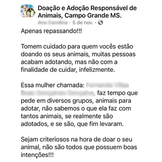 Ana fez uma publicação no grupo &#34;Doação e Adoção Responsável de Animais&#34;, alertando os tutores sobre conduta da mulher (Foto: Redes sociais)