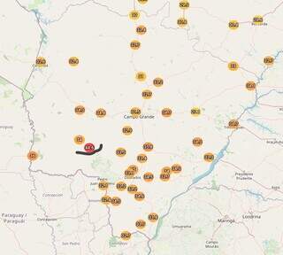 Mapa mostra diferença de temperatura entre municípios próximos de Jardim (Foto: Reprodução/Cemtec)
