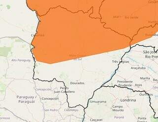 Cor laranja demarca área em que se extende o alerta (Foto: Reprodução Inmet)