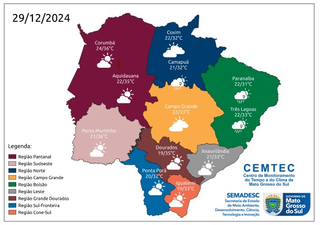 Mapa de MS indicando o predomínio do calor neste domingo (Imagem: Reprodução/Cemtec)