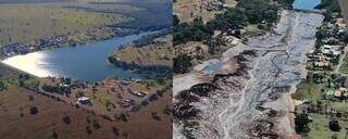 De ângulos diferentes, fotos mostram como era e o que sobrou de lago no Nasa Park (Fotos: Silas Ismael e Defesa Civil/Reprodução)