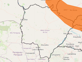 Área em amarelo indica risco de tempestade em pequena parte de MS (Arte: Inmet)