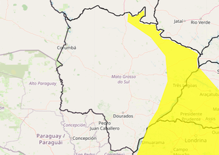 Área em amarelo indica chance de tempestade em parte de MS (Arte: Inmet)