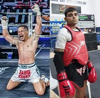 Allan Galvão (na esquerda) e Gustavo Araújo (na direita) em competições de muay thai (Foto: Arquivo Pessoal)