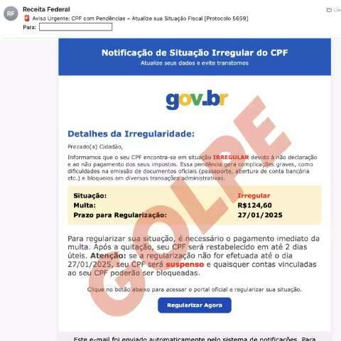 Novo golpe tem e-mail com aviso de suspens&atilde;o do CPF