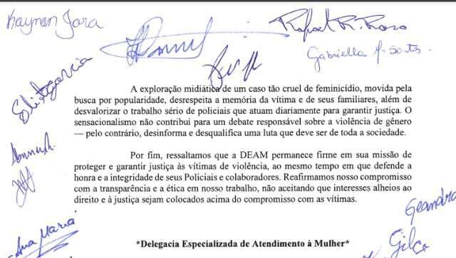 Em carta, equipe da Deam acusa imprensa de &quot;sensacionalismo&quot; ap&oacute;s feminic&iacute;dio