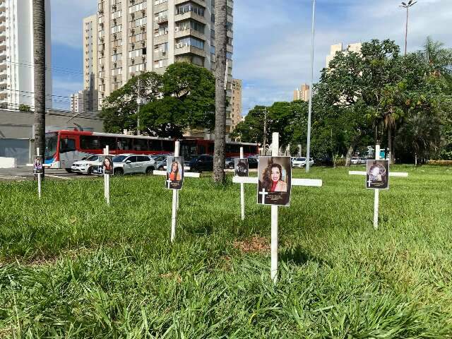 Com cruzes fincadas em canteiro de avenida, mulheres pedem fim do feminic&iacute;dio