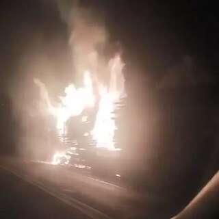 Carreta com carga de eucalipto pega fogo na BR-262
