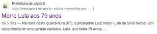Site oficial da Prefeitura de Japorã publica morte do presidente Lula Site oficial da Prefeitura de Japorã publica morte do presidente Lula