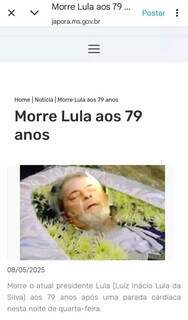 Site oficial da Prefeitura de Japor&atilde; publica morte do presidente Lula