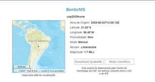 D&eacute;cimo terremoto do ano em MS &ldquo;sacode&rdquo; Bonito nesta 3&ordf; feira 