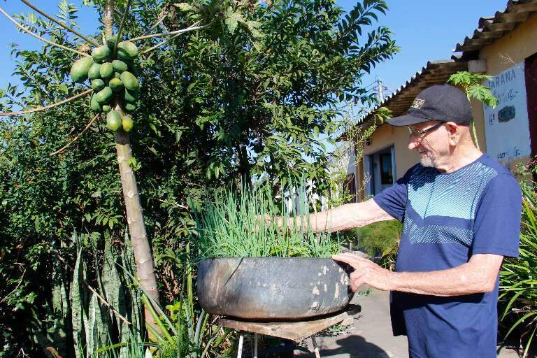 Agenor fez horta acessível na porta de casa e toda vizinhança respeita