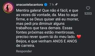 Ana Castela rebate fake news sobre desist&ecirc;ncia da carreira