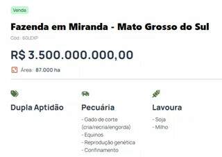 MS tem a quarta fazenda mais cara &agrave; venda no Pa&iacute;s: R$ 3,5 bilh&otilde;es