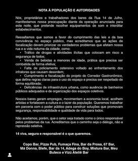 Donos de bares no Centro publicam nota contra suposta a&ccedil;&atilde;o de interdi&ccedil;&atilde;o