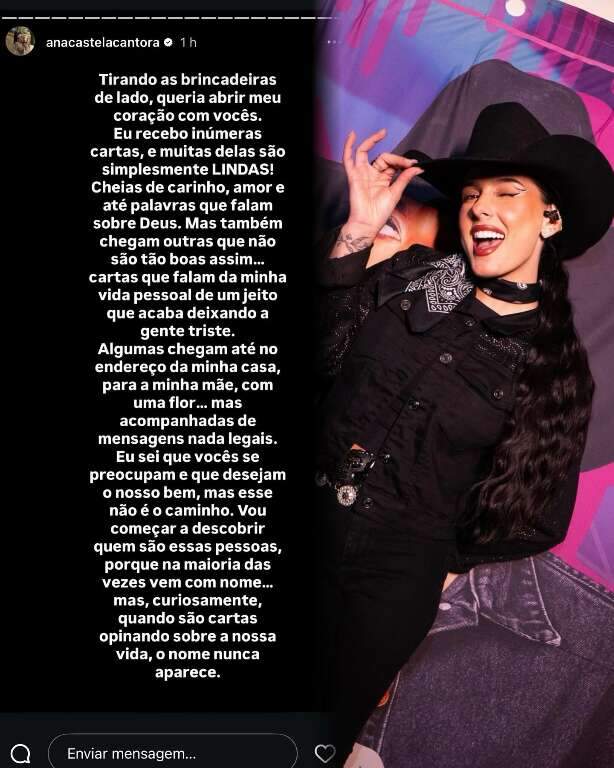Ana Castela relata tristeza com cartas anônimas que recebe até em casa