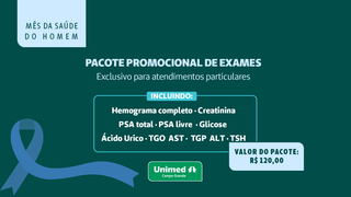 Com pacote de exames a R$ 120, Unimed incentiva homens a cuidarem da saúde Com pacote de exames a R$ 120, Unimed incentiva homens a cuidarem da saúde