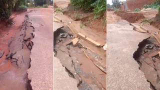 Asfalto novo cede na Rua Urupês e enxurrada leva até o meio-fio no Noroeste Asfalto novo cede na Rua Urupês e enxurrada leva até o meio-fio no Noroeste