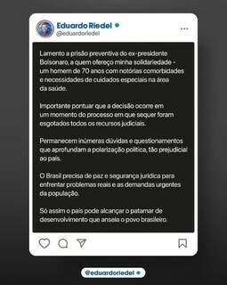 Riedel lamenta pris&atilde;o de Bolsonaro e acredita que medida aumenta a polariza&ccedil;&atilde;o