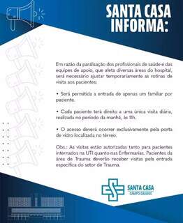 Santa Casa passa a limitar visitas durante greve de funcion&aacute;rios
