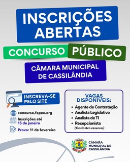 Concurso da Câmara de Cassilândia abre inscrições com plano de carreira atrativo Concurso da Câmara de Cassilândia abre inscrições com plano de carreira atrativo