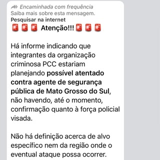 Estado nega ind&iacute;cios de atentado do PCC ap&oacute;s texto circular em grupos