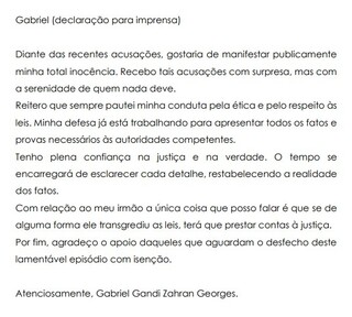 Gabriel Zahran alega inoc&ecirc;ncia e diz que irm&atilde;o &ldquo;ter&aacute; de prestar contas&rdquo;