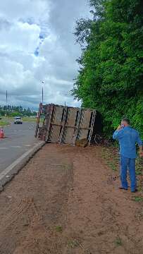 Carreta com porcos tomba no acostamento da BR-163 na sa&iacute;da para S&atilde;o Paulo