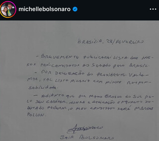 Por carta, Bolsonaro divulga apoio a Pollon para o Senado
