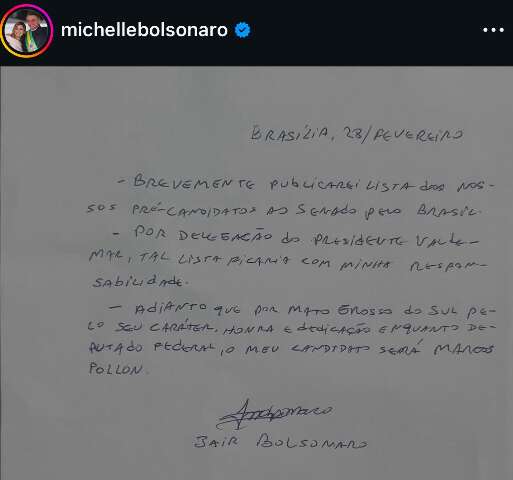 Por carta, Bolsonaro divulga apoio a Pollon para o Senado