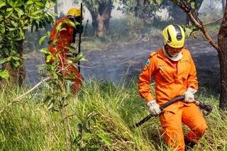 Bombeiros combatem fogo em terreno em frente a condom&iacute;nio no Veraneio