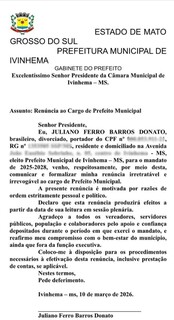 Prefeito escreve carta de ren&uacute;ncia com planos de disputar governo de MS