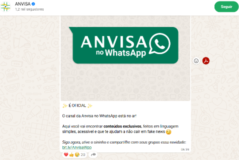 Anvisa lan&ccedil;a canal oficial no WhatsApp para combater desinforma&ccedil;&atilde;o