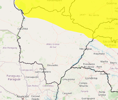 Domingo tem alerta de chuvas intensas e ventos fortes em 17 munic&iacute;pios de MS