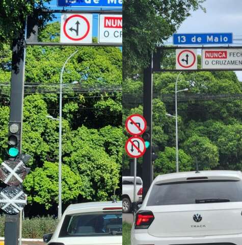 Quem entende? placa proibindo convers&atilde;o na 13 de Maio volta a ser coberta