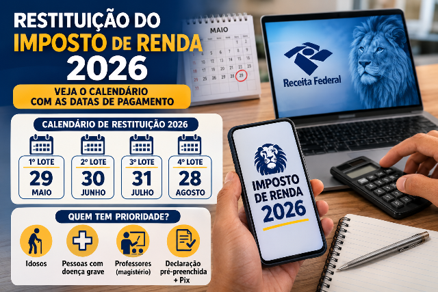 Restitui&ccedil;&atilde;o do IR 2026 come&ccedil;a em 29 de maio; veja quem recebe primeiro