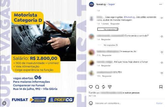 Golpista usa Funsat e Funtrab para anunciar vaga e motorista perde R$ 550