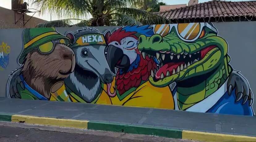 Capivara, jacaré, tamanduá e arara viram mural para chamar o hexa