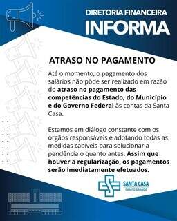 Santa Casa atrasa salários e atribui problema a repasses públicos Santa Casa atrasa salários e atribui problema a repasses públicos