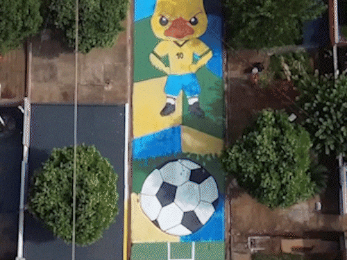 Canarinho boladão e caramelo zoeiro: vizinhos pintam 150 m de rua