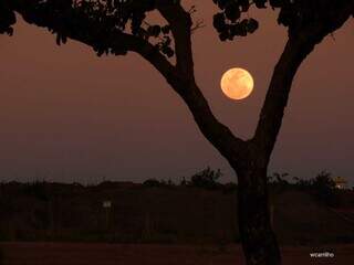 Do alto de pr&eacute;dio e na estrada, Lua de Morango colore o c&eacute;u em tom de fogo