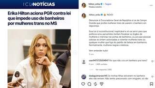 Adriane processa Érika Hilton por crítica à lei que proíbe trans em banheiro Adriane processa Érika Hilton por crítica à lei que proíbe trans em banheiro