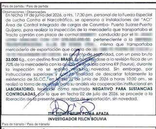 Documento da polícia boliviana reforça que não há cocaína em apreensão recorde Documento da polícia boliviana reforça que não há cocaína em apreensão recorde