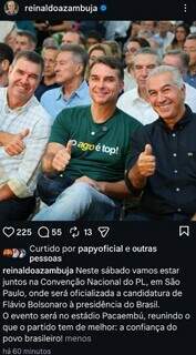 Reinaldo puxa caravana para convenção de Flávio Bolsonaro Reinaldo puxa caravana para convenção de Flávio Bolsonaro