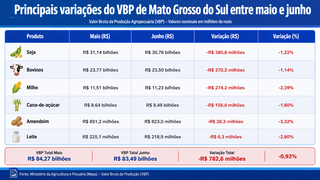 VBP de Mato Grosso do Sul recua R$ 782,6 milhões entre maio e junho VBP de Mato Grosso do Sul recua R$ 782,6 milhões entre maio e junho