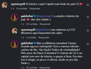 Post vira barraco após Gabi Luthai definir Campo Grande como "ares de interior" Post vira barraco após Gabi Luthai definir Campo Grande como "ares de interior"