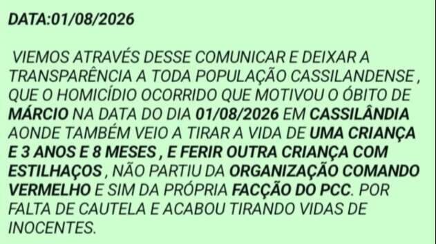 &ldquo;Foi o PCC": Comando Vermelho nega execu&ccedil;&atilde;o de padrasto e crian&ccedil;a de 3 anos